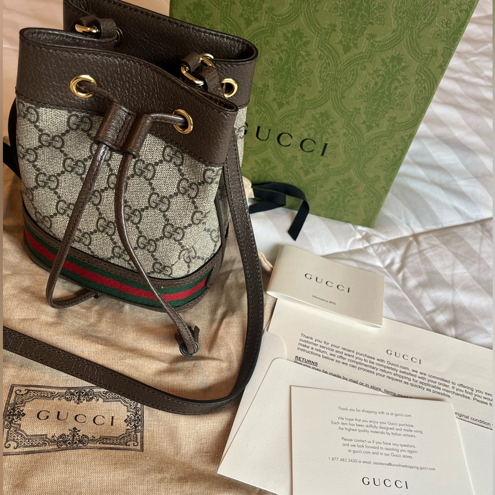 Gucci Ophidia Bucket Bag GG Coated Canvas Mini Brown